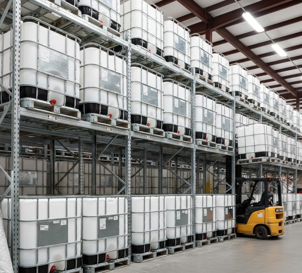 Indoor warehouse with organized IBC storage